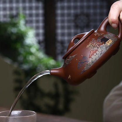 Yixing-Original Ore Purple Clay Teapot, Handmade Purple Clay Mud Painted Scenery Boat Stone Scoop, Large Capacity Chinese Pot