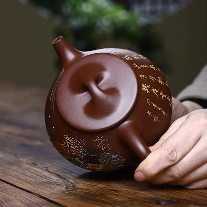Yixing-Original Ore Purple Clay Teapot, Handmade Purple Clay Mud Painted Scenery Boat Stone Scoop, Large Capacity Chinese Pot