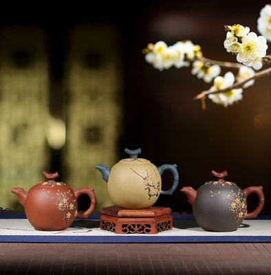 Yixing Original Purple Sand Teapot  Full Manual Section Mud Painted Decals Plum Purple Pot Kung Fu Black Tea Dahongpao Teaware