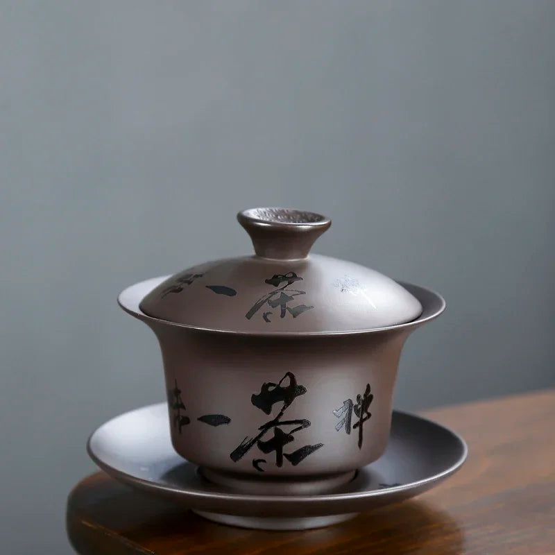 Yixing Purple Clay Gaiwan Handpainted Teacup Handmade ceramics Tea tureen Bowl Chinese Retro Teaware Accessories Drinkware 130ml