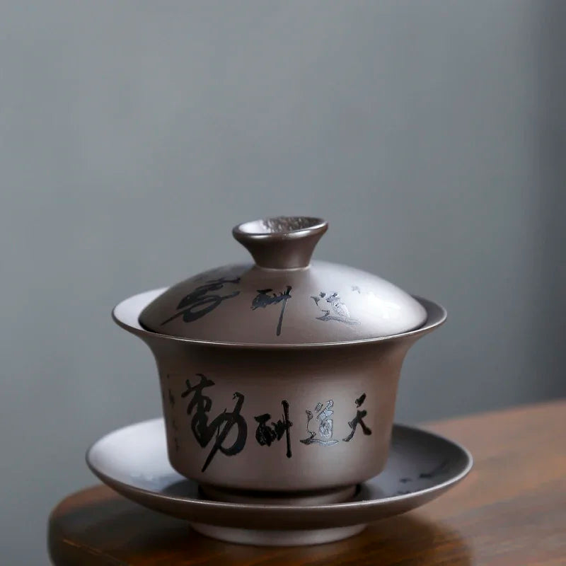 Yixing Purple Clay Gaiwan Handpainted Teacup Handmade ceramics Tea tureen Bowl Chinese Retro Teaware Accessories Drinkware 130ml