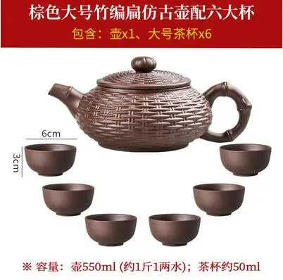 Yixing Purple Clay Handmade Bamboo Xishi Teapot, Large Ceramic Tea Set, Single Household Teapot Set
