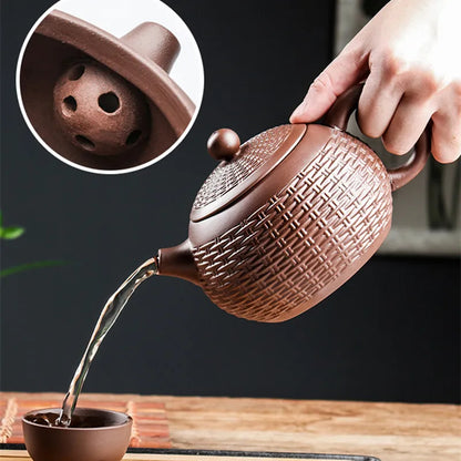 Yixing Purple Clay Handmade Bamboo Xishi Teapot, Large Ceramic Tea Set, Single Household Teapot Set
