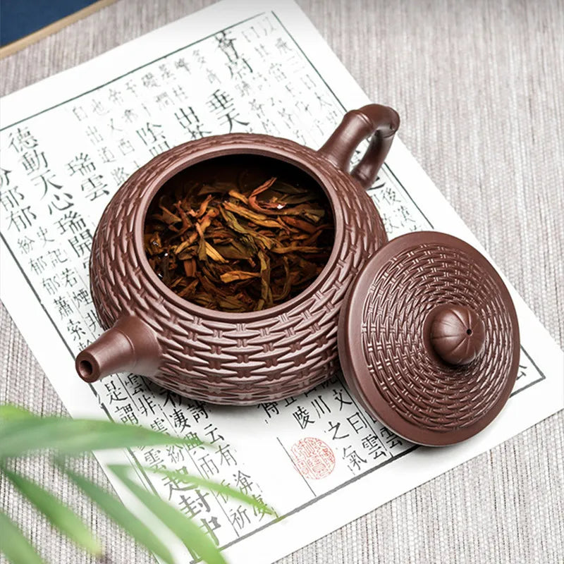 Yixing Purple Clay Handmade Bamboo Xishi Teapot, Large Ceramic Tea Set, Single Household Teapot Set