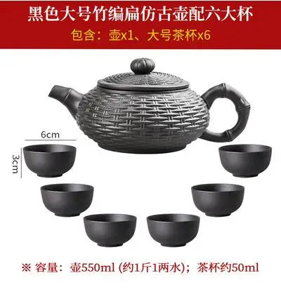 Yixing Purple Clay Handmade Bamboo Xishi Teapot, Large Ceramic Tea Set, Single Household Teapot Set