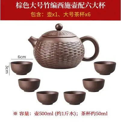 Yixing Purple Clay Handmade Bamboo Xishi Teapot, Large Ceramic Tea Set, Single Household Teapot Set