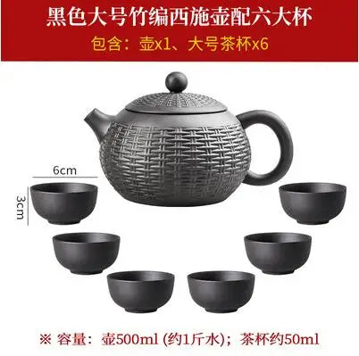Yixing Purple Clay Handmade Bamboo Xishi Teapot, Large Ceramic Tea Set, Single Household Teapot Set