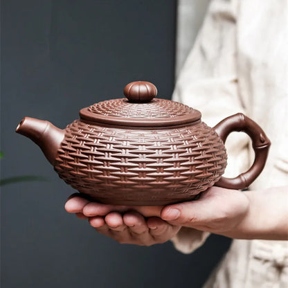 Yixing Purple Clay Handmade Bamboo Xishi Teapot, Large Ceramic Tea Set, Single Household Teapot Set