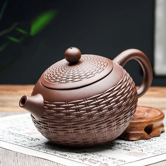 Yixing Purple Clay Handmade Bamboo Xishi Teapot, Large Ceramic Tea Set, Single Household Teapot Set