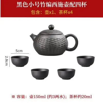 Yixing Purple Clay Handmade Bamboo Xishi Teapot, Large Ceramic Tea Set, Single Household Teapot Set