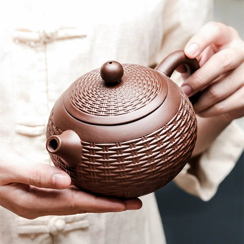 Yixing Purple Clay Handmade Bamboo Xishi Teapot, Large Ceramic Tea Set, Single Household Teapot Set