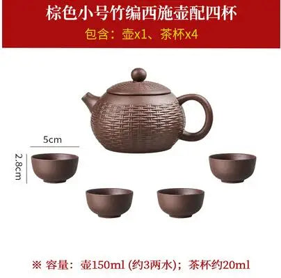 Yixing Purple Clay Handmade Bamboo Xishi Teapot, Large Ceramic Tea Set, Single Household Teapot Set