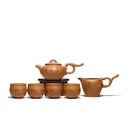 Yixing Purple Clay Pot Bamboo Rain Teapot Set One Pot Four Cups Pitcher Gift Raw Ore Crab Ovary Section Clay Pot