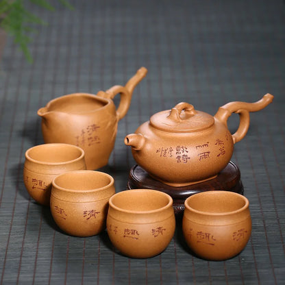 Yixing Purple Clay Pot Bamboo Rain Teapot Set One Pot Four Cups Pitcher Gift Raw Ore Crab Ovary Section Clay Pot