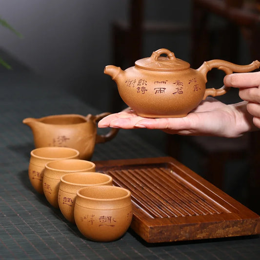 Yixing Purple Clay Pot Bamboo Rain Teapot Set One Pot Four Cups Pitcher Gift Raw Ore Crab Ovary Section Clay Pot