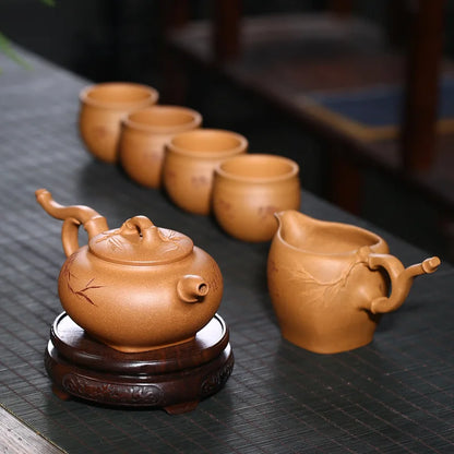 Yixing Purple Clay Pot Bamboo Rain Teapot Set One Pot Four Cups Pitcher Gift Raw Ore Crab Ovary Section Clay Pot