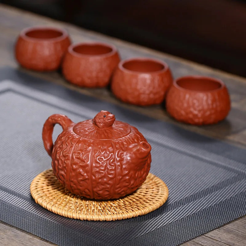 Yixing Purple Clay Pot Golden Toad Wrinkled Skin Tea Cozy Group One Pot Four Cups Consignment Rain Medium Sand Factory Wholesale