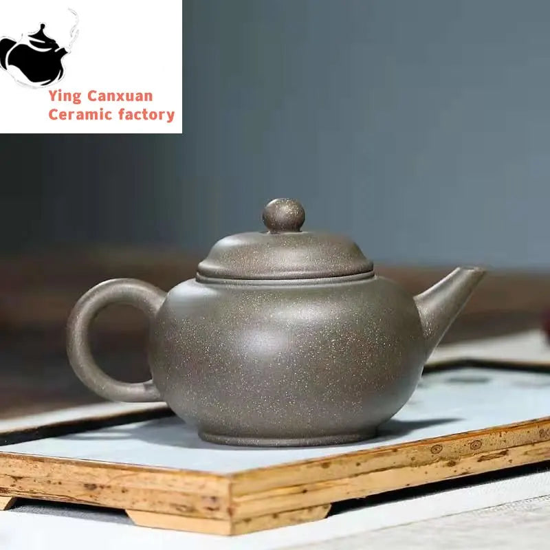 Yixing Purple Clay Pot Green Gray Section Mud Carved Shrimp Fun Horizontal Purple Clay Pot 250cc Tea Set