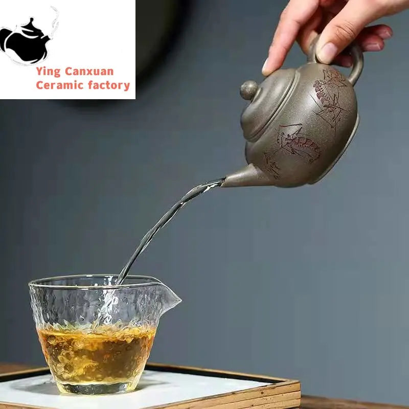 Yixing Purple Clay Pot Green Gray Section Mud Carved Shrimp Fun Horizontal Purple Clay Pot 250cc Tea Set