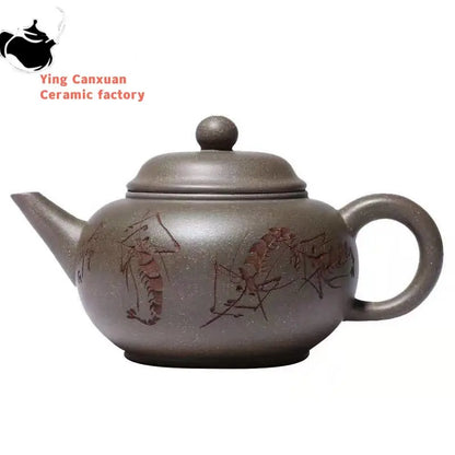 Yixing Purple Clay Pot Green Gray Section Mud Carved Shrimp Fun Horizontal Purple Clay Pot 250cc Tea Set