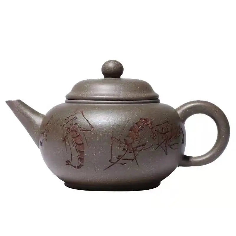 Yixing Purple Clay Pot Green Gray Section Mud Carved Shrimp Fun Horizontal Purple Clay Pot 250cc Tea Set