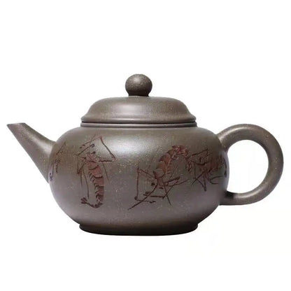 Yixing Purple Clay Pot Green Gray Section Mud Carved Shrimp Fun Horizontal Purple Clay Pot 250cc Tea Set