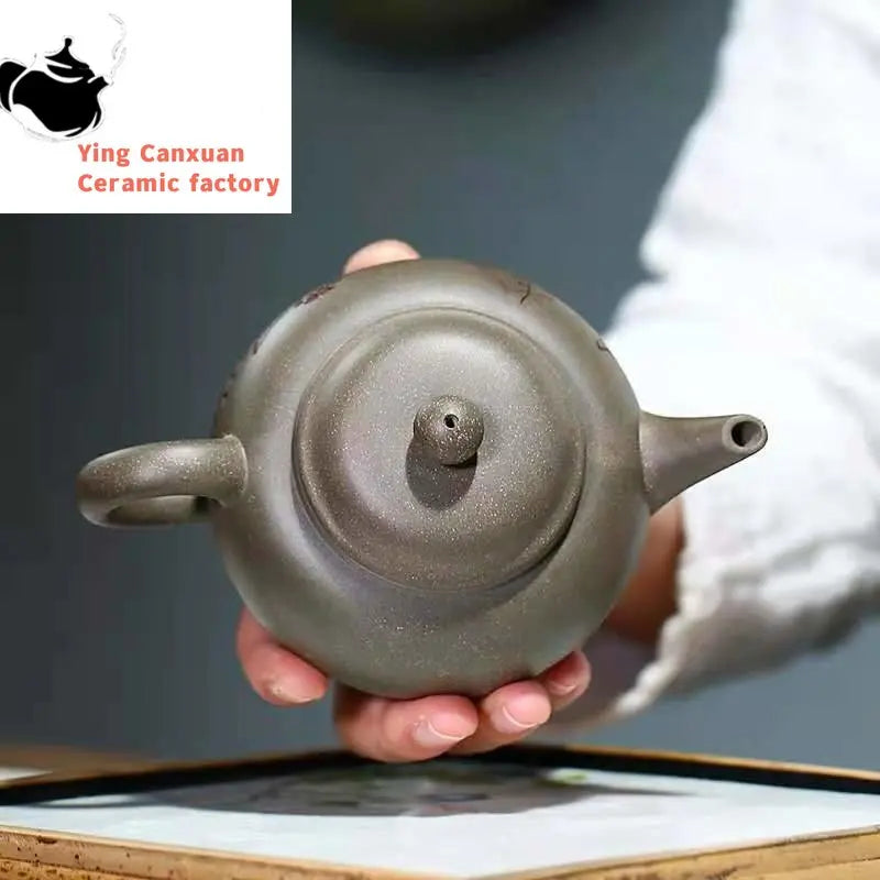 Yixing Purple Clay Pot Green Gray Section Mud Carved Shrimp Fun Horizontal Purple Clay Pot 250cc Tea Set