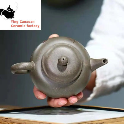 Yixing Purple Clay Pot Green Gray Section Mud Carved Shrimp Fun Horizontal Purple Clay Pot 250cc Tea Set