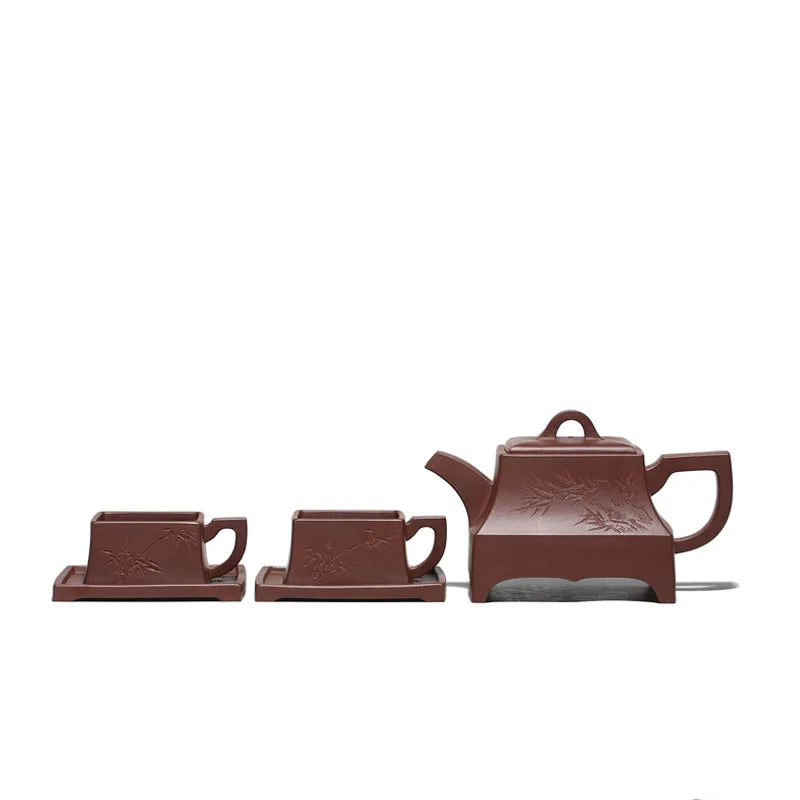 Yixing Purple Clay Pot Jiang Jingming One Pot Two Cups Teapot Square Bamboo Stone Pot Raw Ore Purple Mud Rain Medium Sand One Pi