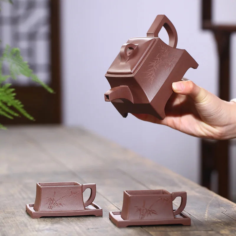 Yixing Purple Clay Pot Jiang Jingming One Pot Two Cups Teapot Square Bamboo Stone Pot Raw Ore Purple Mud Rain Medium Sand One Pi
