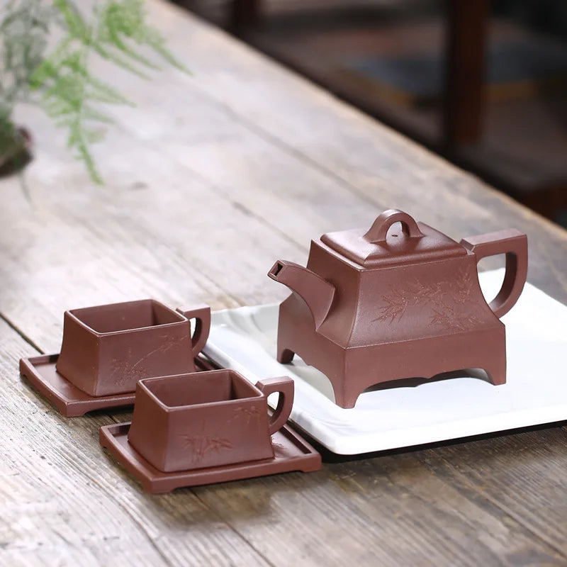 Yixing Purple Clay Pot Jiang Jingming One Pot Two Cups Teapot Square Bamboo Stone Pot Raw Ore Purple Mud Rain Medium Sand One Pi