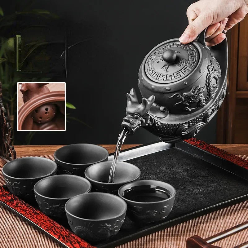Yixing Purple Clay Pot Large Capacity Big Eight Dragon Boat Tea Pot Built in Stainless Steel Filter Tea Pot Kung Fu Tea Set