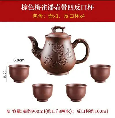 Yixing-Purple Clay Pot, Large Capacity, Plum Finch Pot, Household Cinnabar Teapot, Ceramic Kettle, Tea Cup, Kungfu Tea Set
