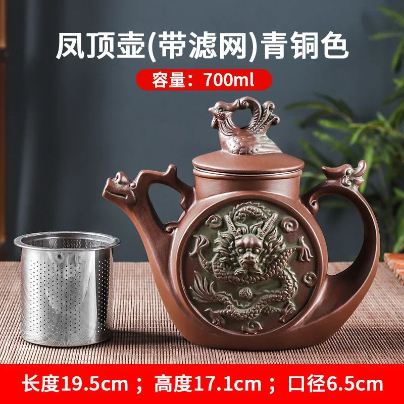 Yixing-Purple Clay Pot, Large Capacity, Zhu Ni Long Feng Tea Pot, Stainless Steel Filter, Tea Brewery, Kung Fu Tea Set, 700ml