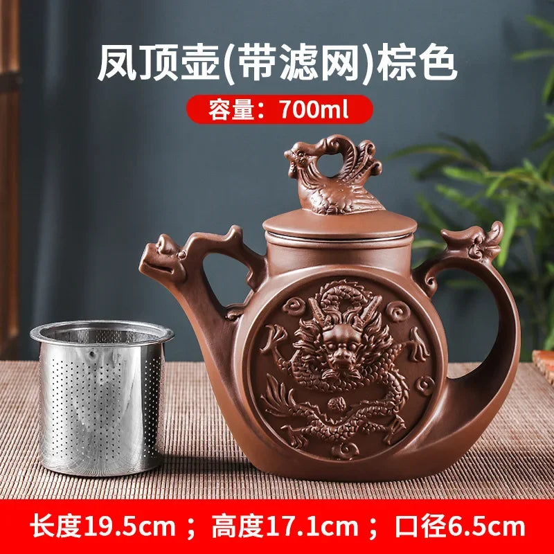 Yixing-Purple Clay Pot, Large Capacity, Zhu Ni Long Feng Tea Pot, Stainless Steel Filter, Tea Brewery, Kung Fu Tea Set, 700ml