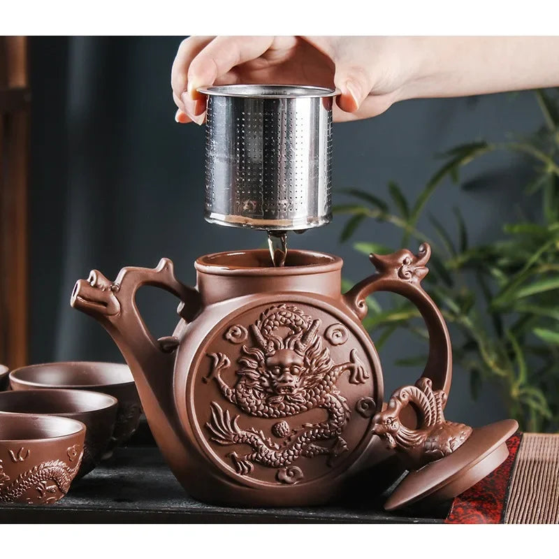 Yixing-Purple Clay Pot, Large Capacity, Zhu Ni Long Feng Tea Pot, Stainless Steel Filter, Tea Brewery, Kung Fu Tea Set, 700ml