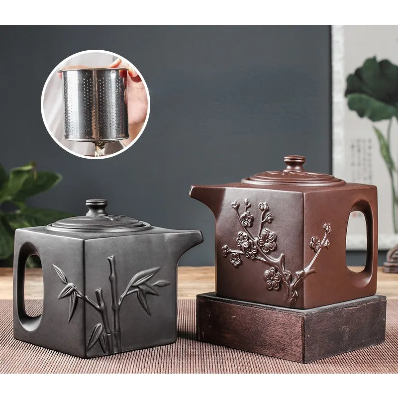 Yixing Purple Clay Pot Stainless Steel Filter Teapot Large-capacity Square Pot Kung Fu Tea Set Pour Spout Kettle with Handle