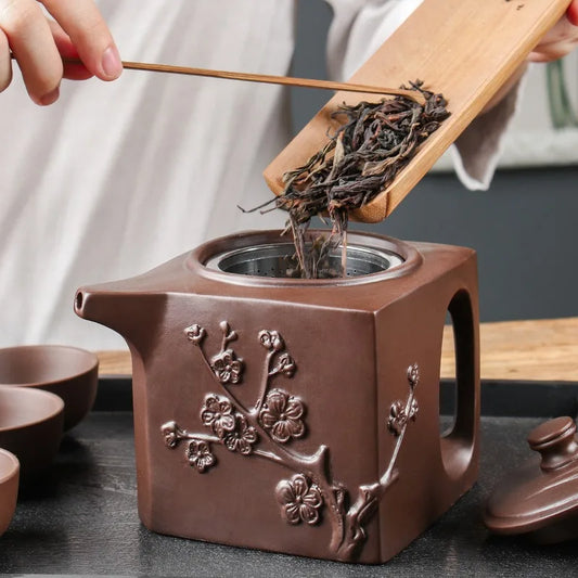 Yixing Purple Clay Pot Stainless Steel Filter Teapot Large-capacity Square Pot Kung Fu Tea Set Pour Spout Kettle with Handle