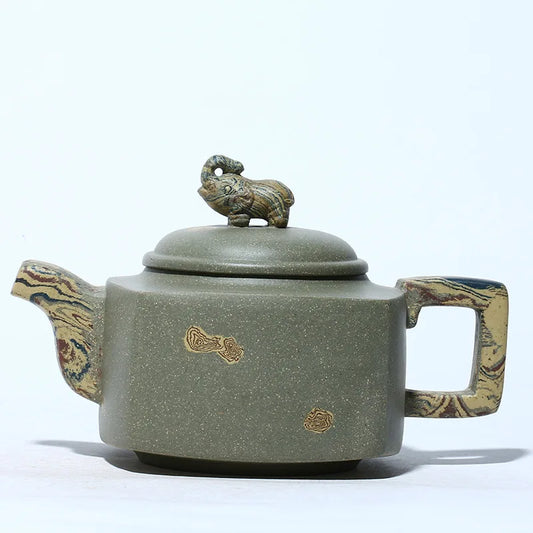 Yixing Purple Clay Tea Set, Raw Ore Green Mud Pot, Lacquer Auspicious, Zisha Drinkware,Kettle, Suit for Green Tea,Dark,Black