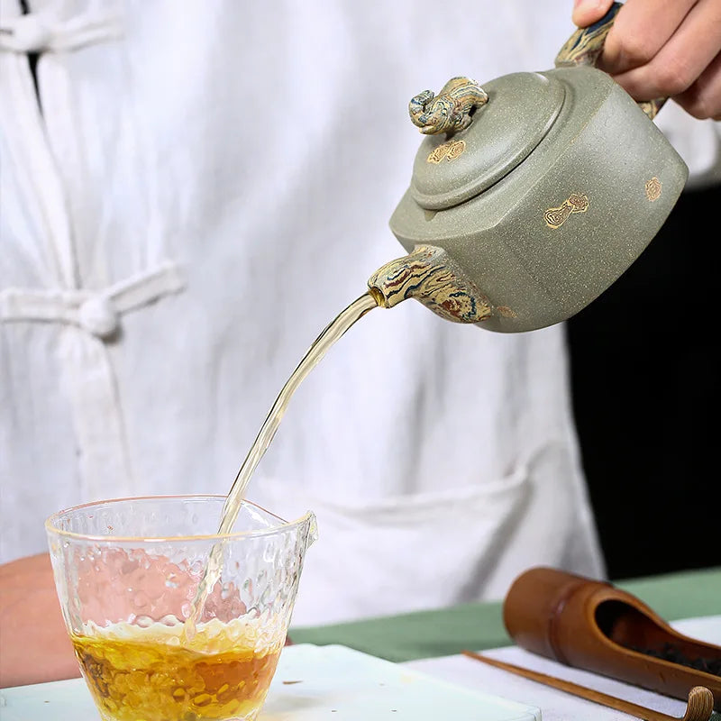 Yixing Purple Clay Tea Set, Raw Ore Green Mud Pot, Lacquer Auspicious, Zisha Drinkware,Kettle, Suit for Green Tea,Dark,Black