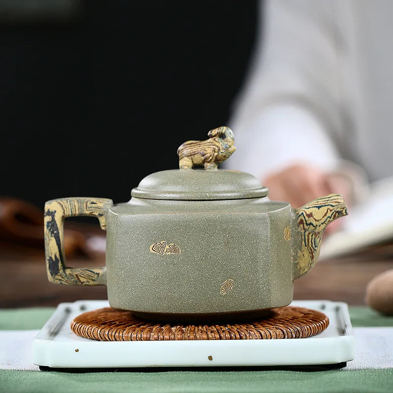 Yixing Purple Clay Tea Set, Raw Ore Green Mud Pot, Lacquer Auspicious, Zisha Drinkware,Kettle, Suit for Green Tea,Dark,Black