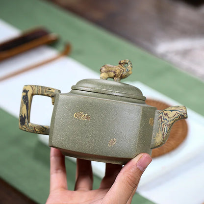 Yixing Purple Clay Tea Set, Raw Ore Green Mud Pot, Lacquer Auspicious, Zisha Drinkware,Kettle, Suit for Green Tea,Dark,Black