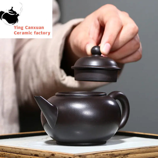Yixing Purple Clay Teapot All handmade raw ore black vermilion light element horizontal pot Kung Fu tea set teapot capacity 190m