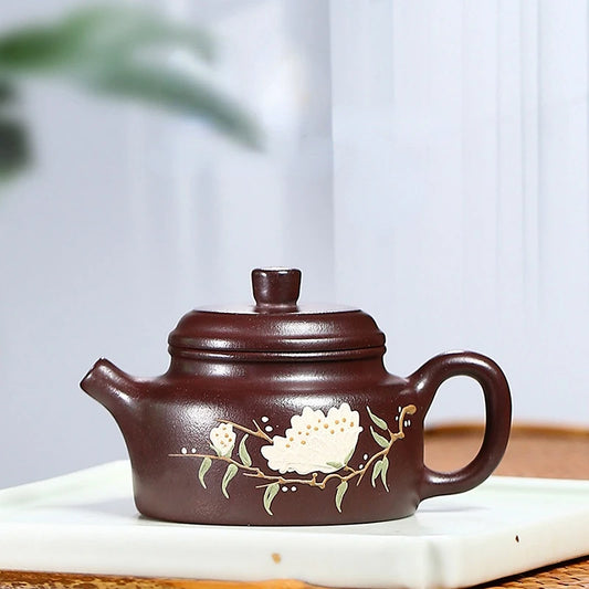 Yixing Purple Clay Teapot Authentic Handmade Famous Tea Set Raw Ore Purple Sand Dezhong Teapot Clay Painting Carved Two 110cc