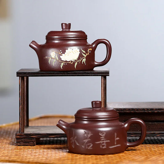 Yixing Purple Clay Teapot Authentic Handmade Famous Tea Set Raw Ore Purple Sand Dezhong Teapot Clay Painting Carved Two 110cc