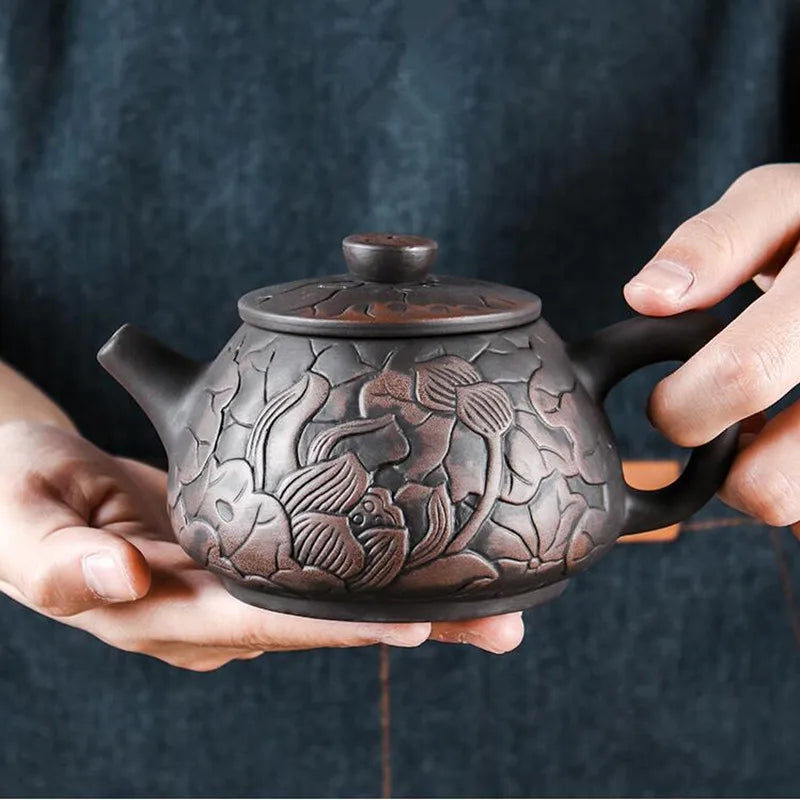 Yixing-Purple Clay Teapot, Hand Painted, Antique Relief Lotus Teapot, Large Capacity, Kungfu Tea Cup Set