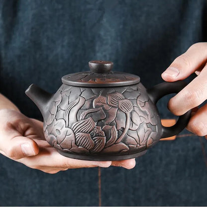 Yixing-Purple Clay Teapot, Hand Painted, Antique Relief Lotus Teapot, Large Capacity, Kungfu Tea Cup Set