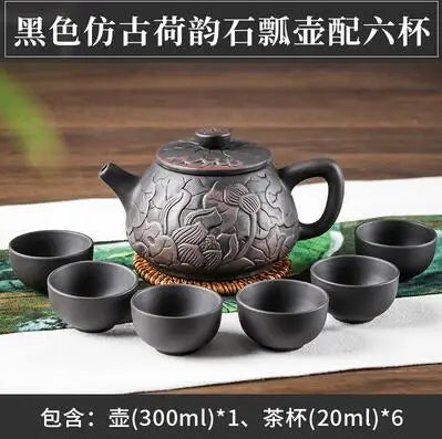 Yixing-Purple Clay Teapot, Hand Painted, Antique Relief Lotus Teapot, Large Capacity, Kungfu Tea Cup Set