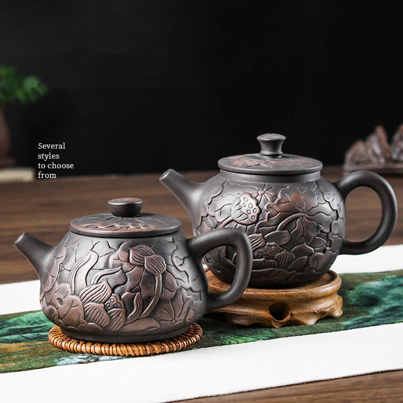 Yixing-Purple Clay Teapot, Hand Painted, Antique Relief Lotus Teapot, Large Capacity, Kungfu Tea Cup Set