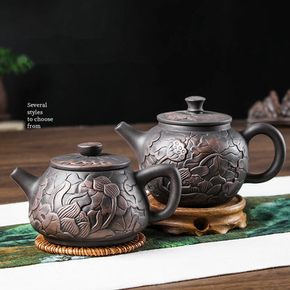 Yixing-Purple Clay Teapot, Hand Painted, Antique Relief Lotus Teapot, Large Capacity, Kungfu Tea Cup Set